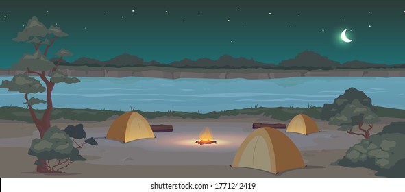 Campground at night flat color vector illustration. Recreation in nature. Summertime active leisure. Camping journey. Tents 2D cartoon landscape with river and woodland at midnight on background