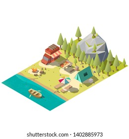 Campground on forest river or lake shore isometric vector with camping van, tourist tent, fireplace, lounge chairs under umbrella, fishing rod, dinner table and oar boat in water low poly illustration