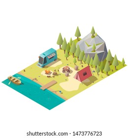 Campground on mountain lake shore with fireplace, van, touristic tent and oar boat in water isometric vector illustration isolated on white background. Fishing and resting with family in national park