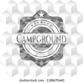 Campground realistic grey emblem with geometric cube white background