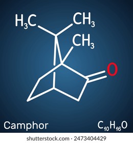 Camphor molecule. It is terpenoid and a cyclic ketone. Structural chemical formula on the dark blue background. Vector illustration