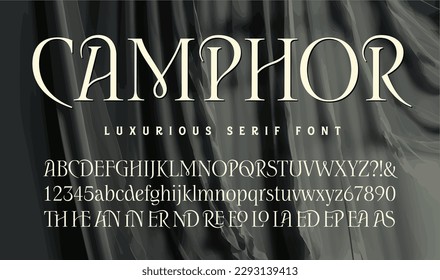 Camphor ist ein hochmodernes und elegantes Serif-Alphabet, das mehrere Ligatur-Zeichen-Glyphen enthält