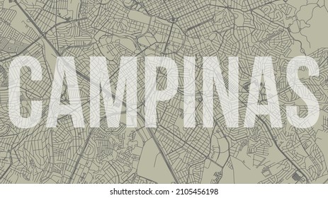 Mapa de Campinas afiche de la ciudad, mapa horizontal del vector de fondo con título opacidad. Mapa de la calle del área municipal. Panorama panorámico en el horizonte brasileño.