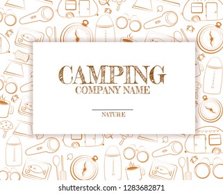 Campind label. Background with hand draw camping elements. Vector illustration with marshmallow, flashlight, hot mug, compass, canned food and place for Your text