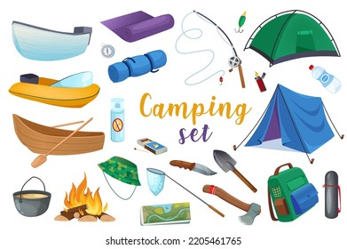 Camping 3d realistic set. Vector illustration isolated elements