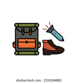 Camping accessories icon vector. Bags, flashlights, shoes. Filled line icon style. simple design editable. Design simple illustration