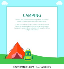 Camping accessories rucksack and a-frame tent made of red fabric with half opened doors isolated vector illustrations on white. Shelter used for sleeping and bag