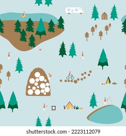 Camping activities, cooking, fishing, bird watching, hiking, relaxing, rock climbing, biking, and rafting. Landscape, lake, stream, trees, RV, fire, tent, sleeping bag, backpack, fishing pole, cabin. 