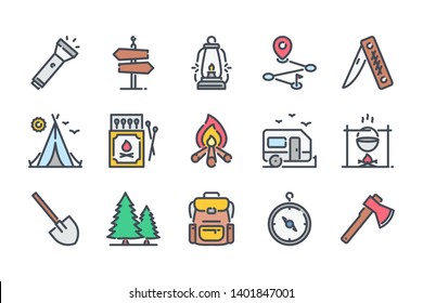 Camping activities related color line icon set. Travel colorful linear icons. Camp survivals flat color outline vector sign collection.