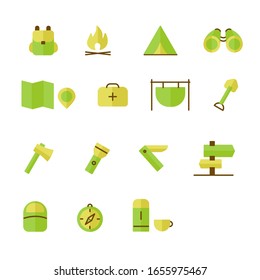Camping activities vector falt icons. Hiking color elements.