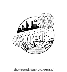Camping adventure badge design. Camp crest logo with tent, RV trailer and urban city landscape. Travel label isolated. Sacred geometry. Stock vector graphics emblem