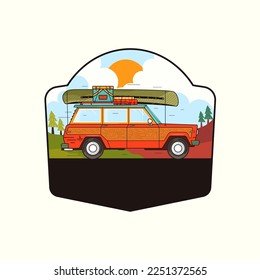 Camping Adventure badge design with camper car, canoe and camp equipment. Travel logo graphics. Stock vector retro label isolated on white background