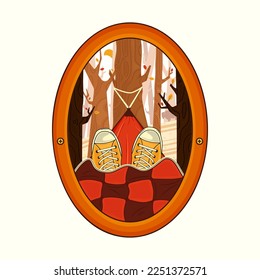 Camping Adventure badge design with forest and a human chilling in the hammock . Travel logo graphics. Stock vector retro label isolated on white background