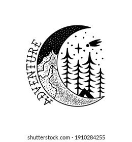 Camping adventure badge design. Outdoor crest logo with tent and trees. Travel silhouette label isolated. Sacred geometry. Stock vector tattoo graphics emblem