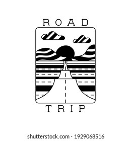 Camping adventure badge design. Outdoor crest logo with quote - Road trip. Travel silhouette label isolated. Sacred geometry. Stock vector tattoo graphics emblem