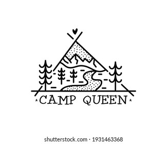 Camping adventure badge design. Outdoor crest logo with quote - Camp queen. Travel silhouette label isolated. Sacred geometry. Stock vector tattoo graphics emblem