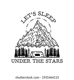 Camping adventure badge design. Outdoor crest logo with quote - Let's sleep under the stars. Travel silhouette label isolated. Sacred geometry. Stock vector tattoo graphics label