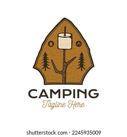 Camping Adventure badge design with trees and marshmallow. Travel logo graphics. Stock vector hiking label