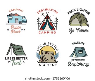 Camping adventure badges logos set, Vintage travel emblems. Hand drawn line art stickers designs bundle. Hiking tent journey, campers quotes labels. Outdoor camper insignias. Stock vector set