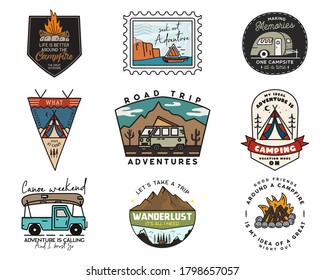 Juego de logotipos de insignias de aventura, emblemas de viaje de época. Dibujar etiquetas a mano diseña un paquete. Viaje por carretera, rev, etiquetas de canoa. Insignias de camper al aire libre. Colección de logotipos. Vector de material.