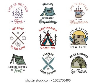 Camping adventure badges logos set, Vintage travel emblems. Hand drawn line art stickers designs bundle. Hiking expedition, campers quotes labels. Outdoor camper insignias. Stock vector set