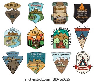 Camping adventure badges logos set, Vintage travel emblems. Hand drawn stickers designs bundle. Hiking expedition, road trip labels. Outdoor camper insignias. Logotypes collection. Stock vector.