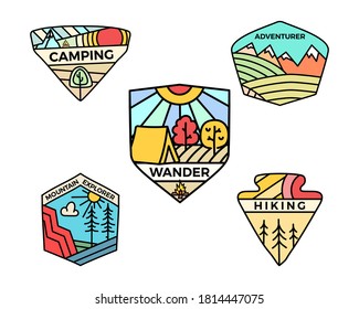 Camping adventure badges logos set, Vintage summer travel emblems. Hand drawn stickers designs bundle. Mountain explorer labels. Outdoor camper line art insignias. Logotypes collection. Stock vector.