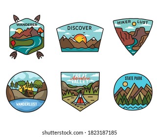 Camping Adventure Badges Logos Set, Vintage Travel Emblems. Hand Drawn Stickers Designs Bundle. Discover, Hiker Lust, Scouts Labels. Outdoor Camper Insignias. Logotypes Collection. Stock Vector.