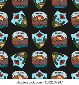 Camping adventure badges pattern. Outdoor hiking seamless background with mountains scenes, scouts. Stock vector labels texture