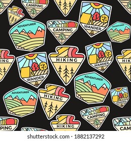 Camping adventure badges pattern. Outdoor hiking seamless background with tent, mountains, cabin life scene. Stock vector texture