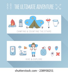 Camping adventure banners set. EPS 10. No transparency. No gradients.