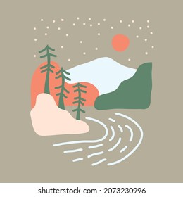 Camping adventure with beauty nature and river graphic illustration vector art t-shirt design