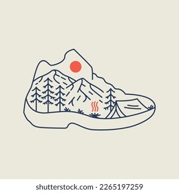 Camping in Adventure Boots Monoline Design Illustration for Apparel