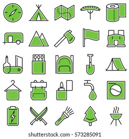 Camping Adventure Campground Symbols Flat Green Vector Icons Set