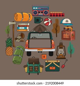 Camping Adventure Clipart Set In Round Style. Summer Hiking And Outdoors Collection With Camp Car, Backpack, Axe, Beer And Other Elements. Stock Vector Objects Isolated On Dark