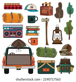 Camping adventure clipart set. Summer hiking and outdoors collection with camp car, backpack, axe, beer and other elements. Stock vector objects isolated
