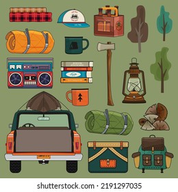 Camping adventure clipart set. Summer hiking and outdoors collection with camp car, backpack, axe, beer and other elements. Stock vector objects isolated on green background