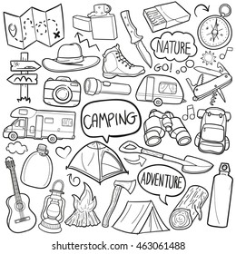 Camping Adventure Doodle Icons Hand Made vector illustration sketch.
