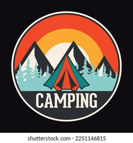 Camping Adventure, Emblem Patch Logo Poster Label Vektorgrafik Retro Vintage Badge Sticker und T-Shirt Design 
