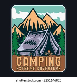 Camping Adventure, Emblem Patch Logo Poster Label Vector Illustration Retro Vintage Badge Sticker And T-shirt Design 
