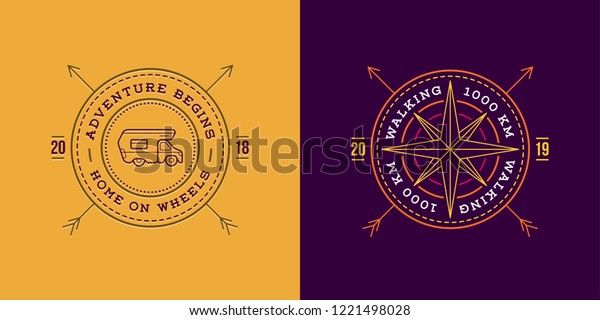 Camping, Adventure, Expedition Logo Vector\
Illustration. Badge. Outdoor Leisure, Compass, Stamp. Vintage\
Typography Design Set
