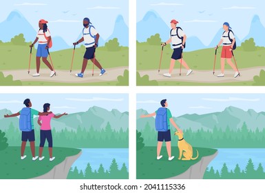 Camping adventure flat color vector illustration set. Couple walking on route. Backpacker with dog. People on trekking trip 2D cartoon characters with landscape on background collection