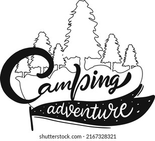 Camping Adventure in the Forest Black shadow on a White background