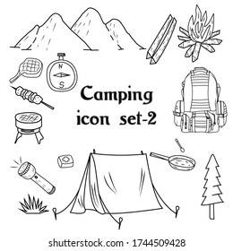Camping Adventure and hand-drawn travel Sketch icon set. Outline drawing of camping and travel equipment drawings. Trekking and hiking hand drawn icon set vector outline - 2