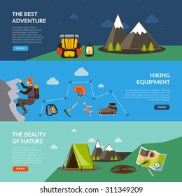 Camping adventure horizontal banner set with hiking equipment elements isolated vector illustration