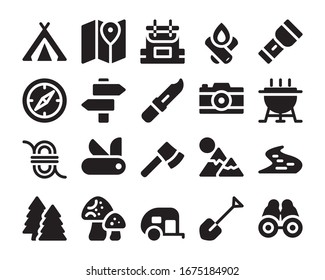 Camping and adventure icon set, glyph style