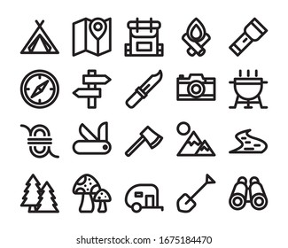 Camping and adventure icon set, lineal style