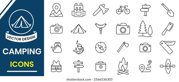 Camping, adventure icon set. Outdoor, camping, trekking  line icon, vector set. Camp, tent, forest, campfire, hiking icons. Tourism, hiking, bonfire, tent and caravan icon. Vector illustration.