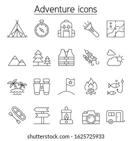 Camping & Adventure icon set in thin line style