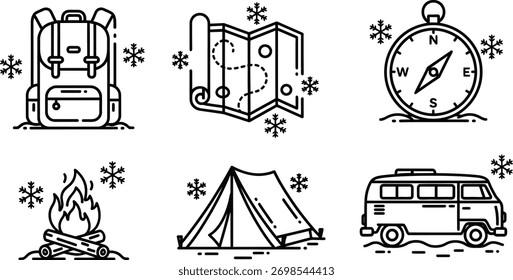 Iconos de camping y aventura, incluyendo una mochila, mapa, brújula, fogata, tienda de campaña y furgoneta